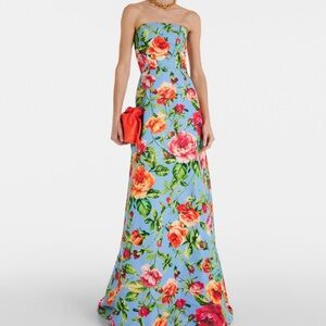 Carolina Herrera Strapless Floral Gown in Sky Blue with Multicolor Roses